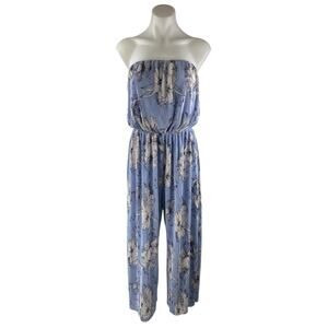 19 Cooper Blue Floral Rib Strapless Bandeau Wide Leg Tube Romper Jumpsuit Size M